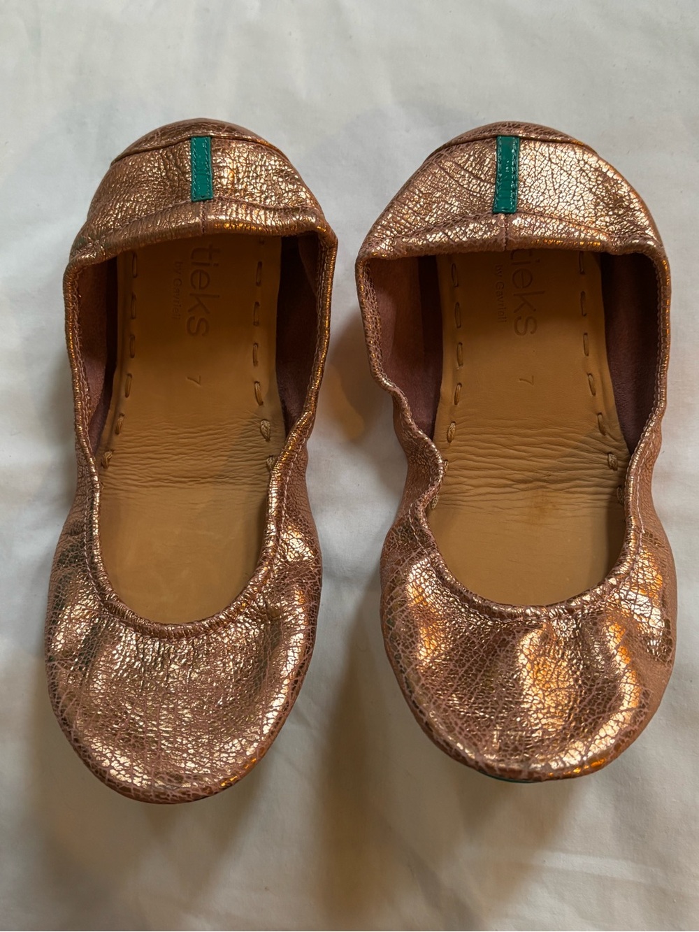 Tieks Metallic Rose Gold Ballet Flats with Teal Tab and souls